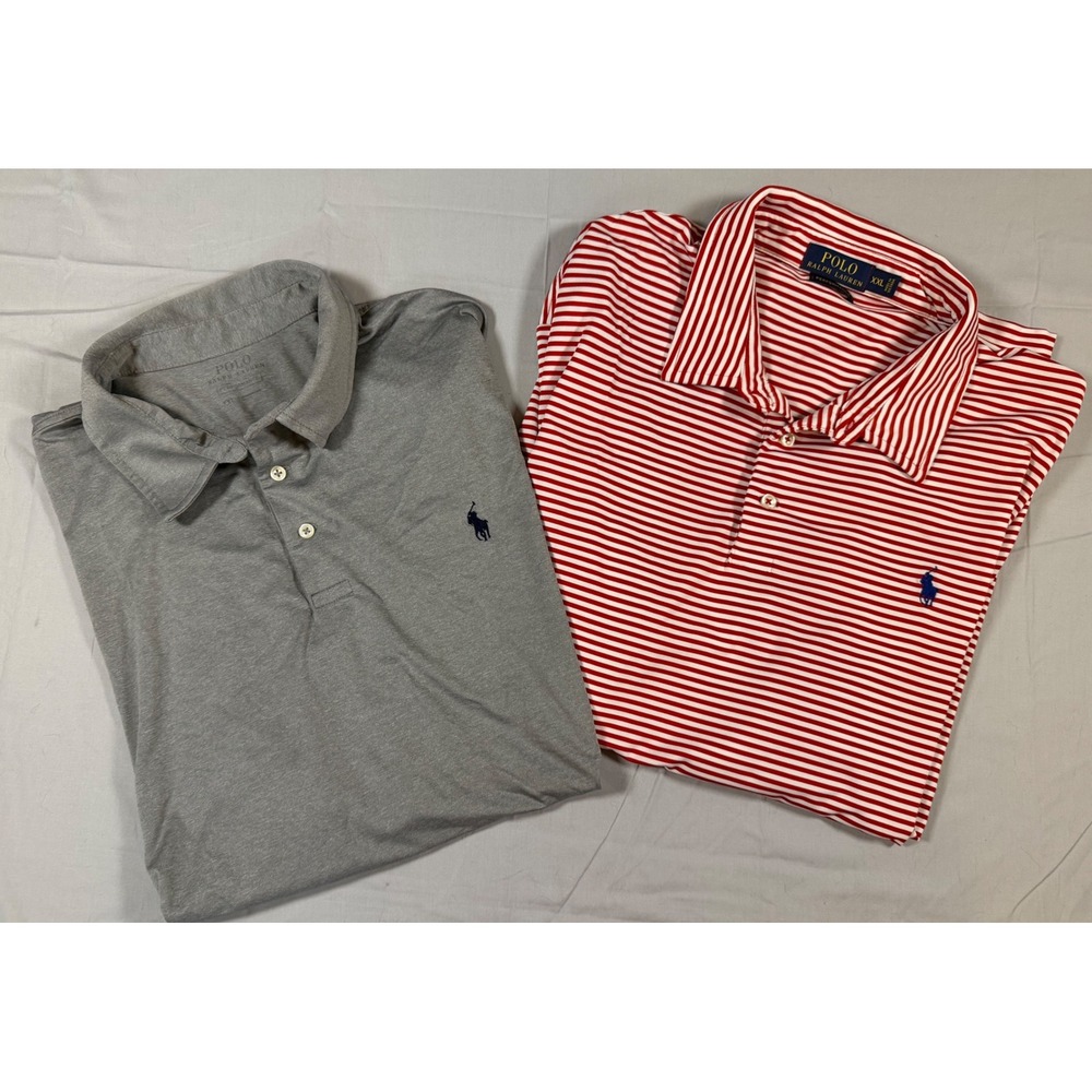Polo Ralph Lauren Mens‎ XXL Performance Polo Shirt Lot 2 Gray Red Striped Golf